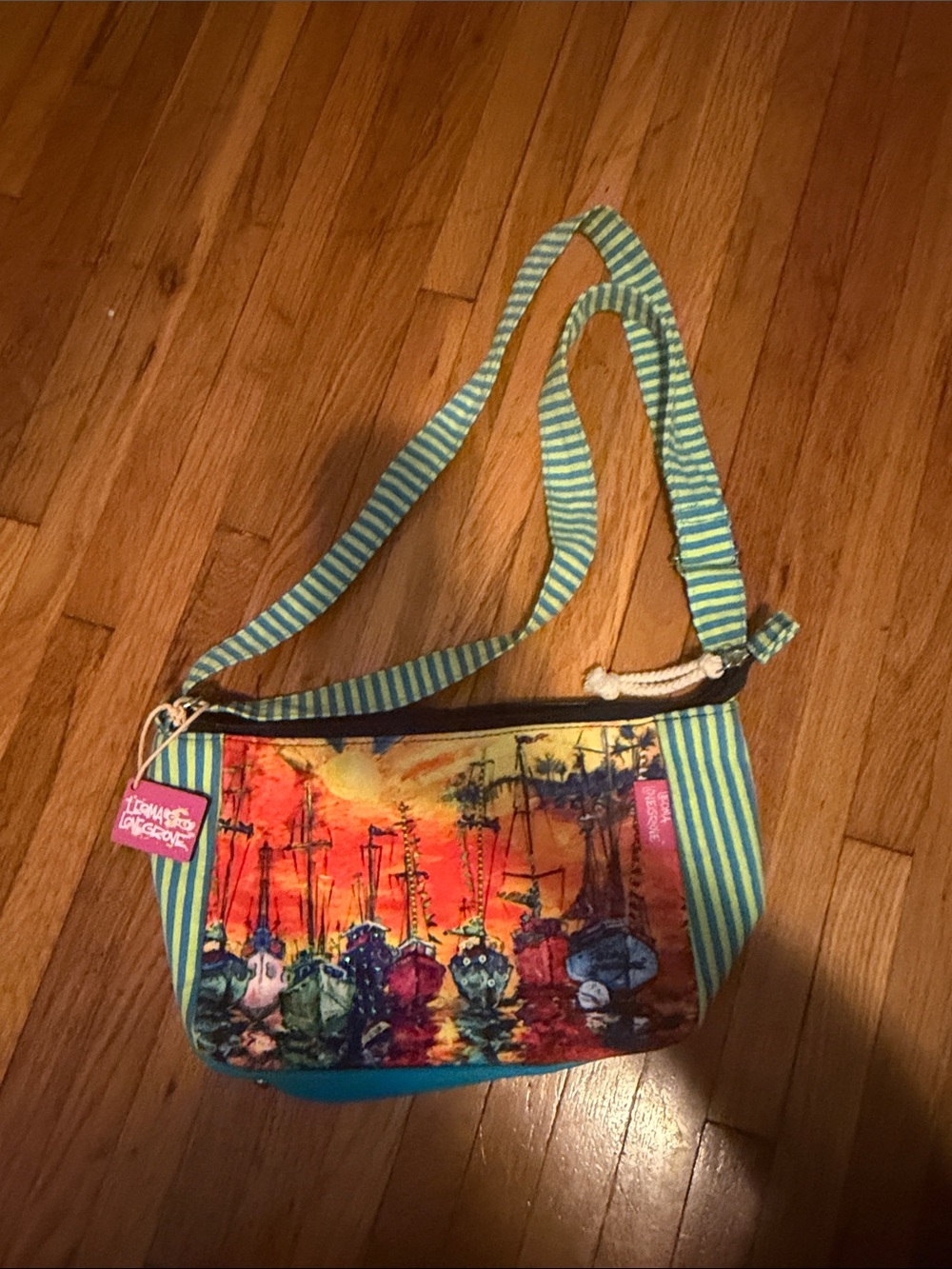 Striped Teal Crossbody Bag with Colorful Harbor Print
